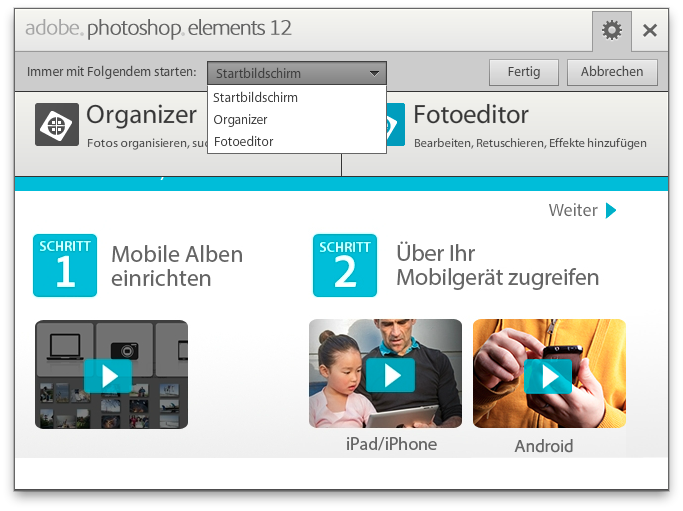 Adobe Photoshop Elements 12 - Startbildschirm