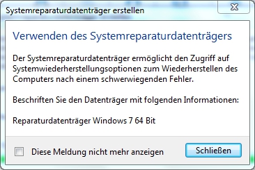 Windows 7 - Systemreparaturdatenträger erstellt