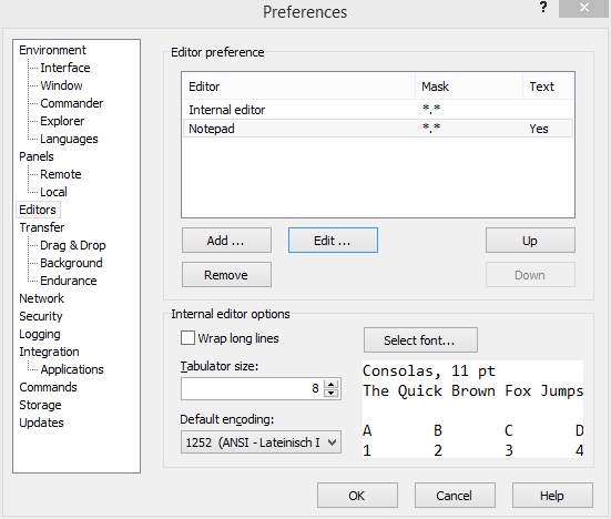 WinSCP - Options - Preferences - Editors