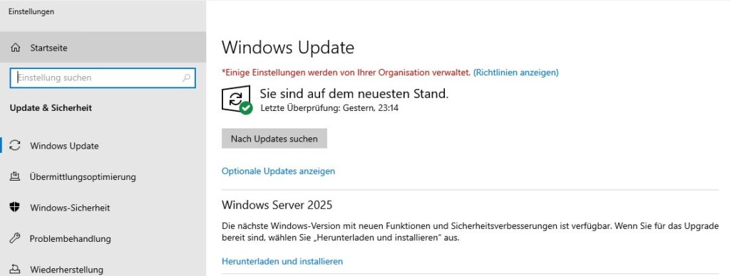 Windows Server 2025 wird als Upgrade über Windows Update angeboten ...